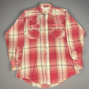 Vintage DC DEE CEE Western Pearl Snap Long Sleeve Red Beige Plaid Size 15 - 33
